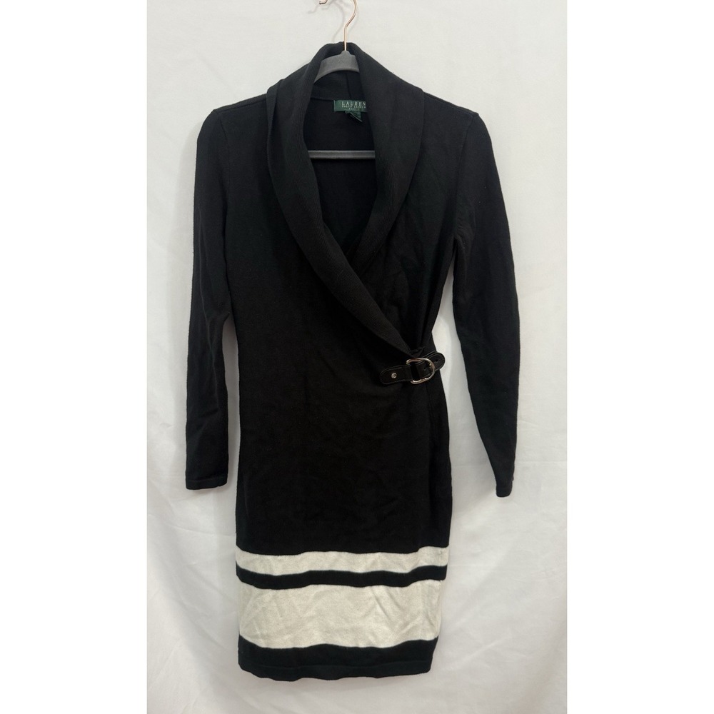 LAUREN RALPH LAUREN Black White Shawl Collared Wrap‎ Knit Sweater Dress Size S